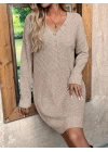 Kadın Uzun Kollu V Yakalı Düğmeli Mini Triko Taş Renkli Elbise