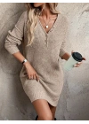 Kadın Uzun Kollu V Yakalı Düğmeli Mini Triko Taş Renkli Elbise