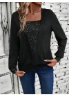 Kadın Uzun Kollu V Yakalı Içi Süprem Desenli Dışı Viskon Bluz