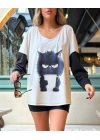 Kadın Uzun Kollu V Yakalı Kedi Baskılı şardonlu Dalgıç Bluz