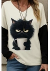 Kadın Uzun Kollu V Yakalı Kedi Baskılı şardonlu Dalgıç Bluz