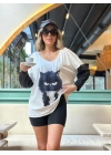 Kadın Uzun Kollu V Yakalı Kedi Baskılı şardonlu Dalgıç Bluz