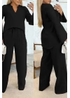 Kadın Uzun Kollu V Yakalı Keten Bluz Bağcıklı Pantolon Ikili Takım