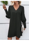 Kadın Uzun Kollu V Yakalı Kısa Ithal Krep Elbise