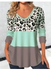 Kadın Uzun Kollu V Yakalı Leopar Baskılı şardonlu Dalgıç Bluz
