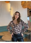 Kadın Uzun Kollu V Yakalı Leopar Desenli Dalgıç Bluz