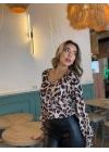 Kadın Uzun Kollu V Yakalı Leopar Desenli Dalgıç Bluz