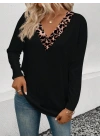 Kadın Uzun Kollu V Yakalı Leopar Detaylı Viskon Iki Iplik Bluz