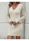 Kadın Uzun Kollu V Yakalı Mini Triko Elbise