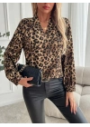Kadın Uzun Kollu V Yakalı Modal Leopar Desenli Bluz