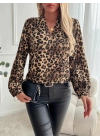 Kadın Uzun Kollu V Yakalı Modal Leopar Desenli Bluz