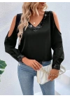 Kadın Uzun Kollu V Yakalı Omuzlardan Açık Sandy Bluz