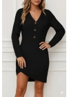 Kadın Uzun Kollu V Yakalı önden Düğmeli Kısa Triko Elbise