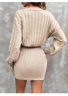Kadın Uzun Kollu V Yakalı önden Düğmeli Kısa Triko Elbise