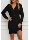 Kadın Uzun Kollu V Yakalı önden Düğmeli Kısa Triko Elbise