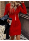 Kadın Uzun Kollu V Yakalı önden Fermuarlı Kısa Triko Elbise