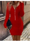 Kadın Uzun Kollu V Yakalı önden Fermuarlı Kısa Triko Elbise