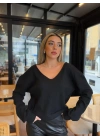 Kadın Uzun Kollu V Yakalı Pencere Sırt Dantel Detaylı Kalın Fitilli Kaşkorse Bluz