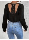 Kadın Uzun Kollu V Yakalı Pencere Sırt Dantel Detaylı Kalın Fitilli Kaşkorse Bluz
