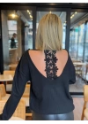 Kadın Uzun Kollu V Yakalı Pencere Sırt Dantel Detaylı Kalın Fitilli Kaşkorse Bluz