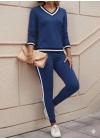 Kadın Uzun Kollu V Yakalı Ribanalı Viskon Iki Iplik Bluz Ve Pantolon Ikili Takım