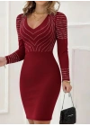 Kadın Uzun Kollu V Yakalı Taşlı Mini Ithal Krep Elbise
