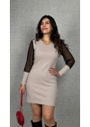 Kadın Uzun Kollu V Yakalı Tül Detaylı Mini Kaşkorse Elbise