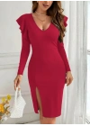 Kadın Uzun Kollu V Yakalı Yandan Yırtmaçlı Midi Ithal Krep Elbise