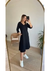 Kadın Uzun Kollu V Yakalı Yanlardan Yırtmaçlı Viskon Iki Iplik Midi Elbise