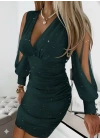 Kadın Uzun Kollu V Yakalısim Detaylı Mini Sandy Elbise