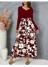 Kadın Uzun Kollu Yaka Açık üst Kaşkorse Beli Kuşaklı Alt çiçek Baskılı Dalgıç Elbise