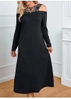 Kadın Uzun Kollu Yaka önü Güpürlü Madonna Yaka Viskon Midi Boy Elbise