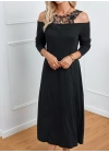 Kadın Uzun Kollu Yaka önü Güpürlü Madonna Yaka Viskon Midi Boy Elbise