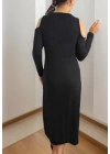 Kadın Uzun Kollu Yaka önü Güpürlü Madonna Yaka Viskon Midi Boy Elbise