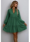 Kadın Uzun Kollu Yakadan Bağcıklı Fırfırlı Keten Mini Elbise