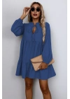 Kadın Uzun Kollu Yakadan Bağcıklı Fırfırlı Keten Mini Elbise