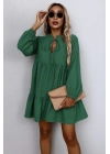 Kadın Uzun Kollu Yakadan Bağcıklı Fırfırlı Keten Mini Elbise