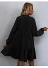 Kadın Uzun Kollu Yakadan Bağcıklı Fırfırlı Keten Mini Elbise