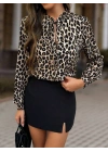 Kadın Uzun Kollu Yakadan Bağcıklı Leopar Desenli Süprem Bluz