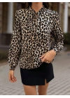 Kadın Uzun Kollu Yakadan Bağcıklı Leopar Desenli Süprem Bluz