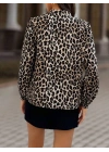 Kadın Uzun Kollu Yakadan Bağcıklı Leopar Desenli Süprem Bluz