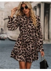 Kadın Uzun Kollu Yakadan Bağcıklı Modal Leopar Desenli Mini Elbise