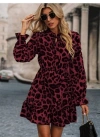 Kadın Uzun Kollu Yakadan Bağcıklı Modal Leopar Desenli Mini Elbise