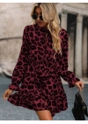 Kadın Uzun Kollu Yakadan Bağcıklı Modal Leopar Desenli Mini Elbise