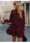 Kadın Uzun Kollu Yakadan Bağcıklı Modal Leopar Desenli Mini Elbise