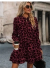 Kadın Uzun Kollu Yakadan Bağcıklı Modal Leopar Desenli Mini Elbise