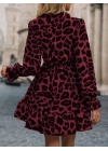 Kadın Uzun Kollu Yakadan Bağcıklı Modal Leopar Desenli Mini Elbise