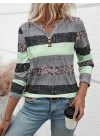 Kadın Uzun Kollu Yakadan Düğmeli çizgili Desenli Süprem Bluz