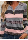 Kadın Uzun Kollu Yakadan Düğmeli çizgili Desenli Süprem Bluz