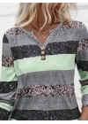 Kadın Uzun Kollu Yakadan Düğmeli çizgili Desenli Süprem Bluz